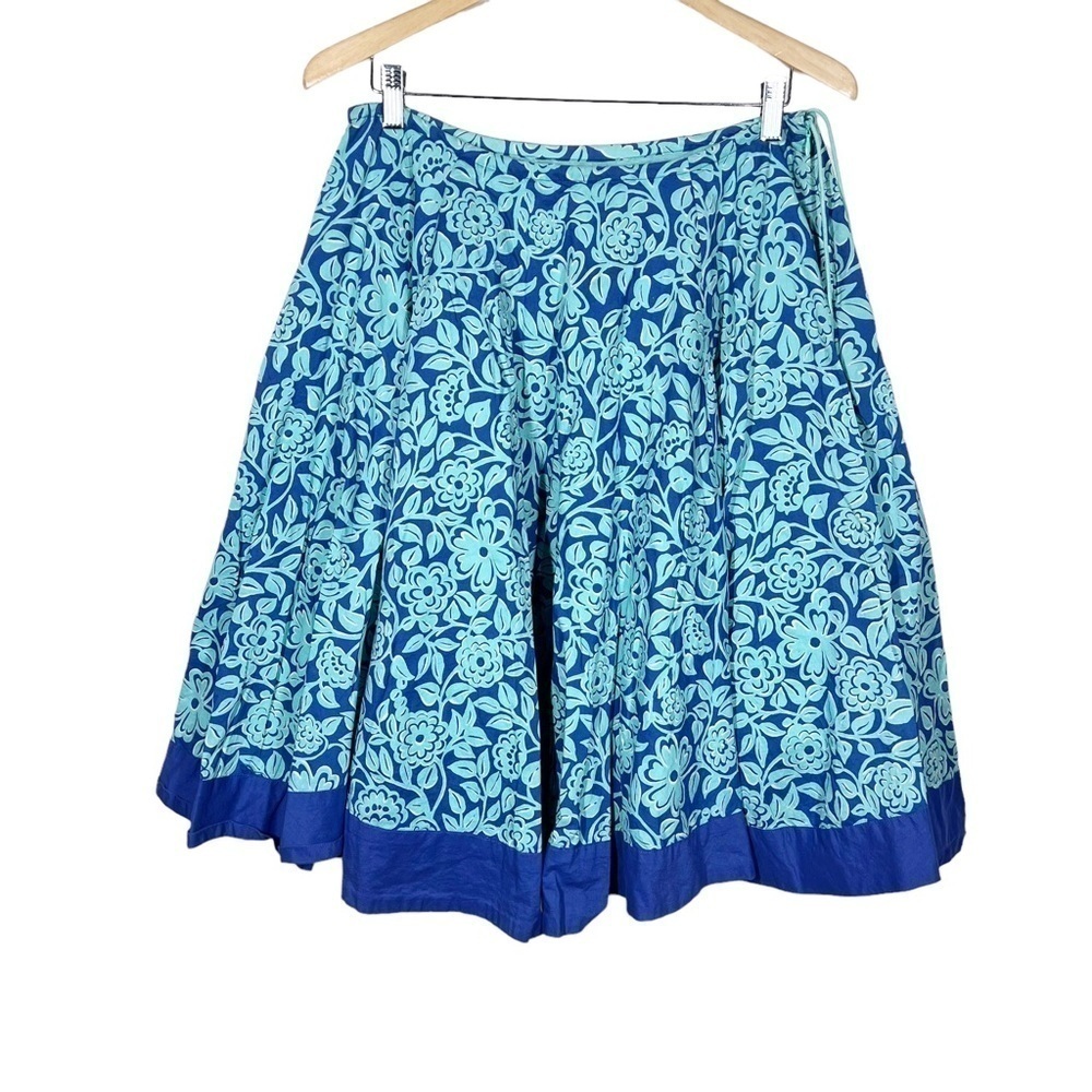 Anthropologie Odille Womens Full A Line Skirt Blue Floral Lined Cotton Size 4